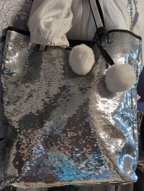 Victoria's Secret Silver Sequin Tote with White Pom Pom Accents